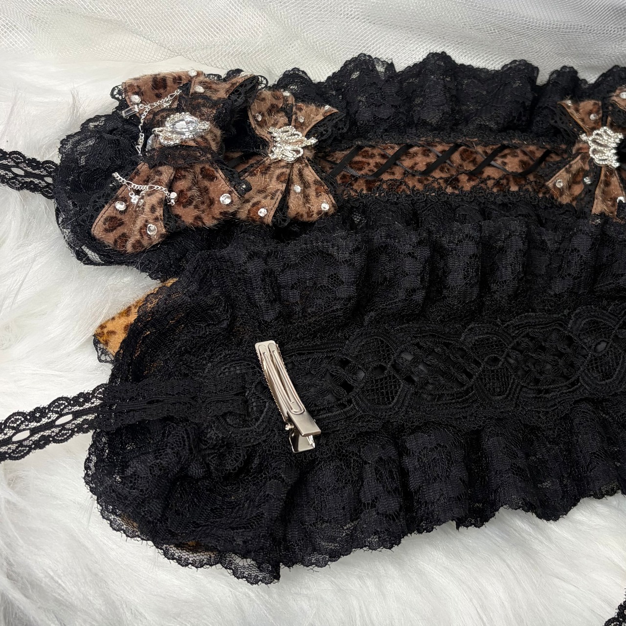 ♡【受注生産】No.9 姫ギャル 小悪魔レオパード ヒョウ柄 ビジューティアラ＆編み上げダブルリボン ブラックレースヘッドドレス dark brown ♡