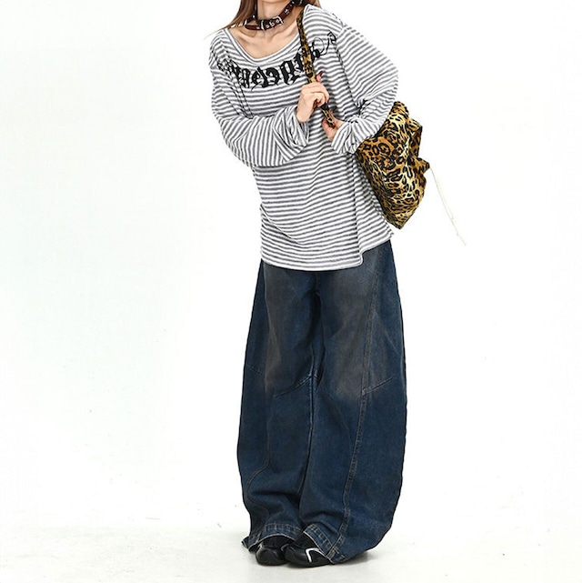 ゴシックレタリングボーダーボートネックカットソー 2col R01912