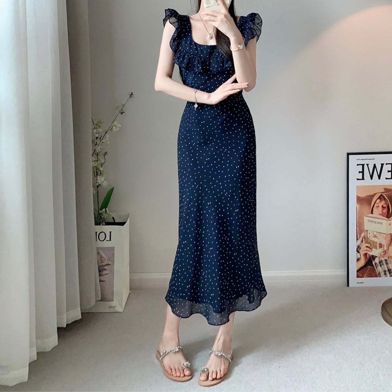 フリル袖 ノースリーブ ドットワンピース