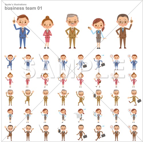 かわいい人物イラスト素材：ビジネスチーム5人のポーズセット（ベクター・PNG・JPG）ダウンロード版