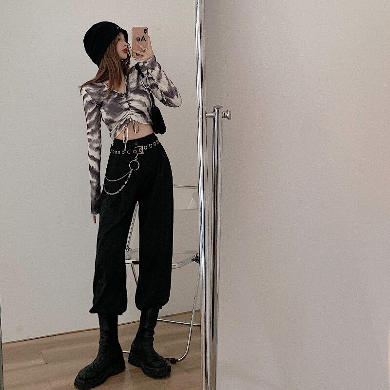 絞り染めニットVネックTシャツレディース秋タイトフィット長袖ボトミングシャツハイウエストショートドローストリングトップ ブラックストロベリース77887187306