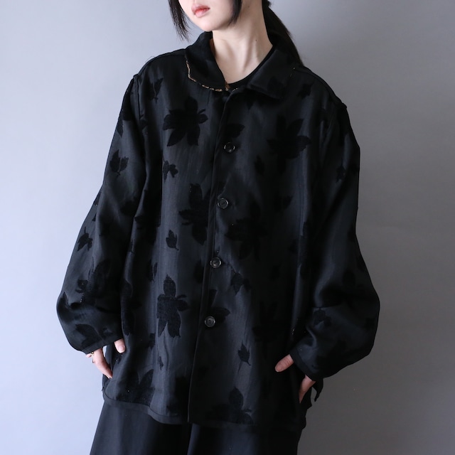 "reversible" over silhouette flower and leaf pattern chenille fabric jacket