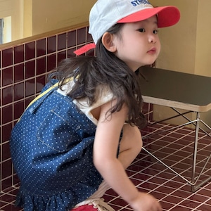 夏フリル裾水玉柄オーバーオールスカート