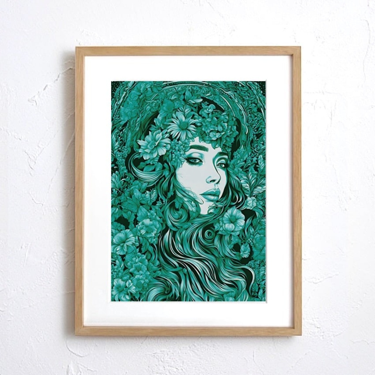 Emerald Muse｜花と女性が融合した幻想的アートポスター｜癒しと感性を呼び覚ますエメラルドの世界A3ポスター