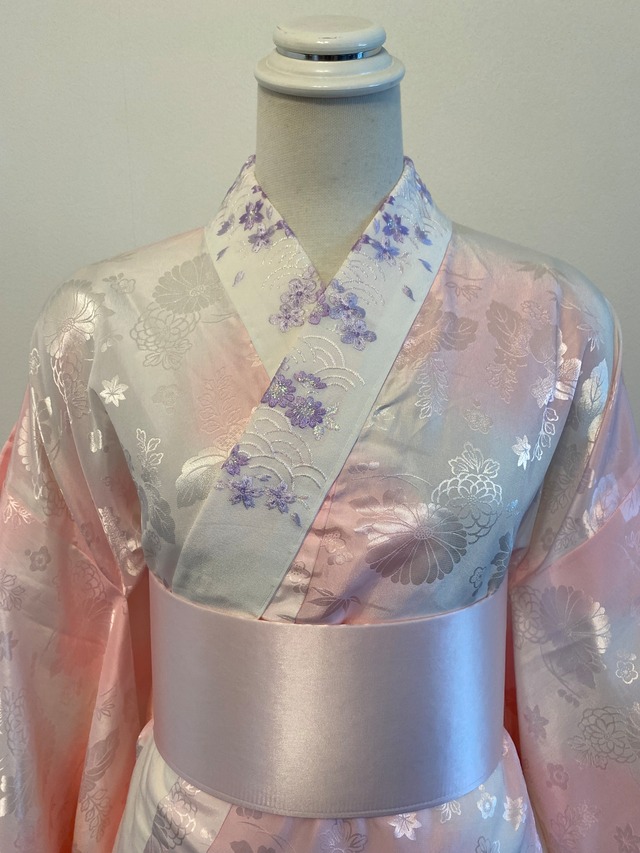 長襦袢　青紫小花と波刺繍　Lサイズ