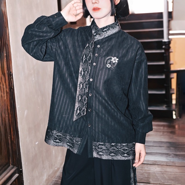 スネークパターンスカーフスタンドカラーロングスリーブシャツ（ruf_02414）