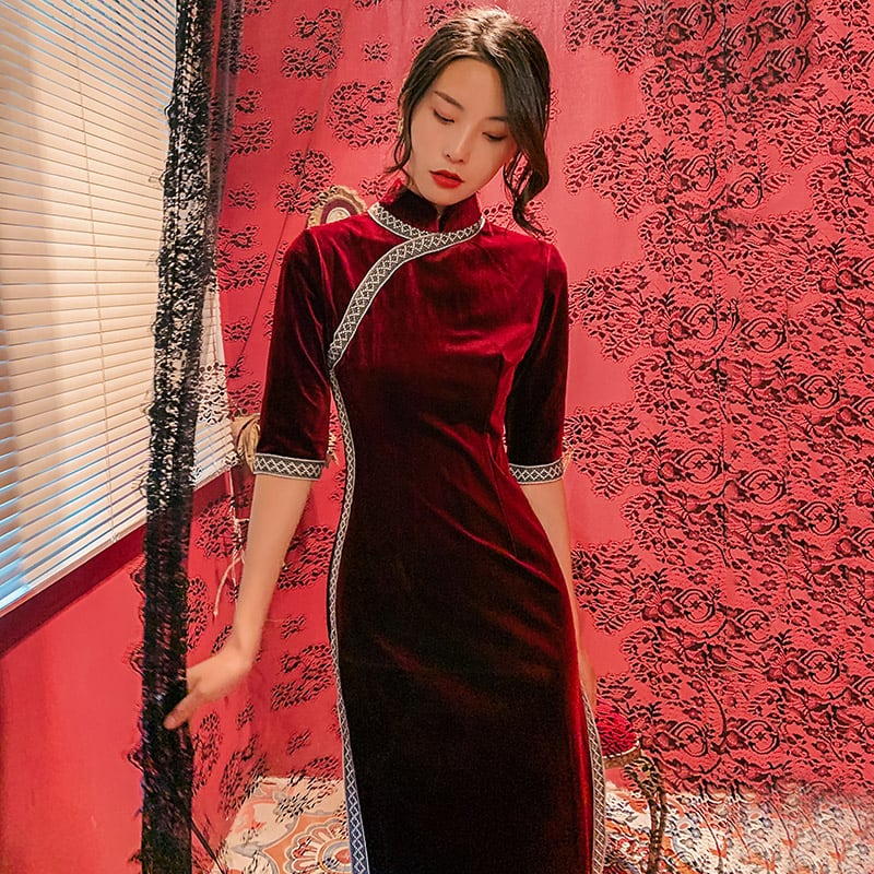 ロング丈チャイナドレス ベルベットチャイナドレス チャイナ風  