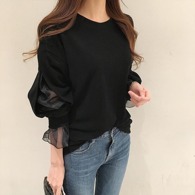 Tulle sleeve round neck sweat T-shirt A210694