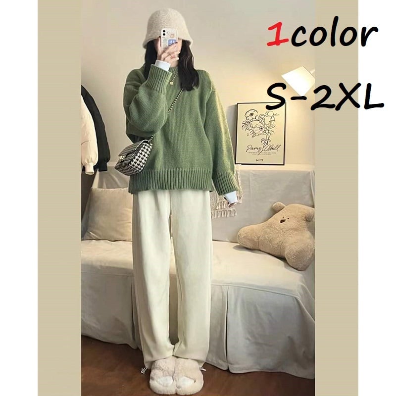 セットアップ レディース トップス ボトムス パンツ ストレート ラウンドネック 長袖 プルオーバー カジュアル スタイル シンプル 無地 可愛い デザイン かわいい 日常使い 普段着 普段使い 仕事 仕事用 仕事着 10代 20代 30代 秋 冬 大人 コーデ コーディネート 韓国 ファッション オルチャン お取り寄せ 送料無料 hll-1303