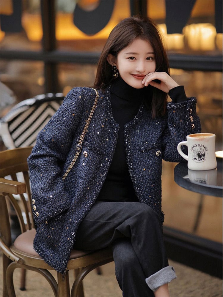 ノーカラー ツイードジャケット ネイビー JK00023 | EMME boutique ノーカラー ツイードジャケット ネイビー JK00023 | EMME boutique