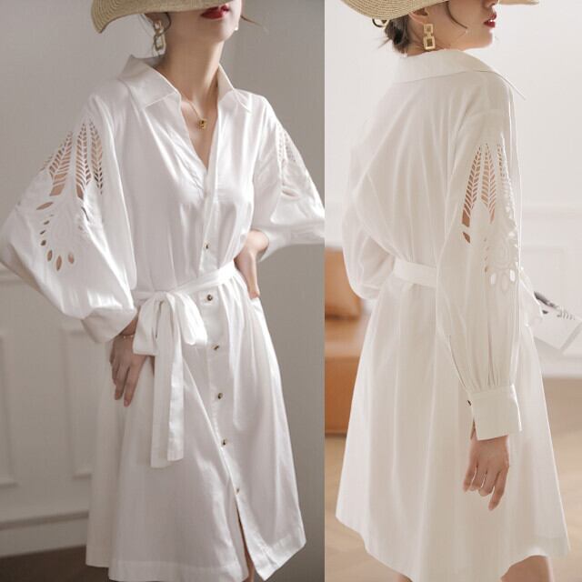 ミニワンピ ワンピース レディース 春秋 レース 肌見せ シャツワンピ ウエストマーク おしゃれ ボタン カジュアル 羽織り ホワイト S/M/L/XL/2XL