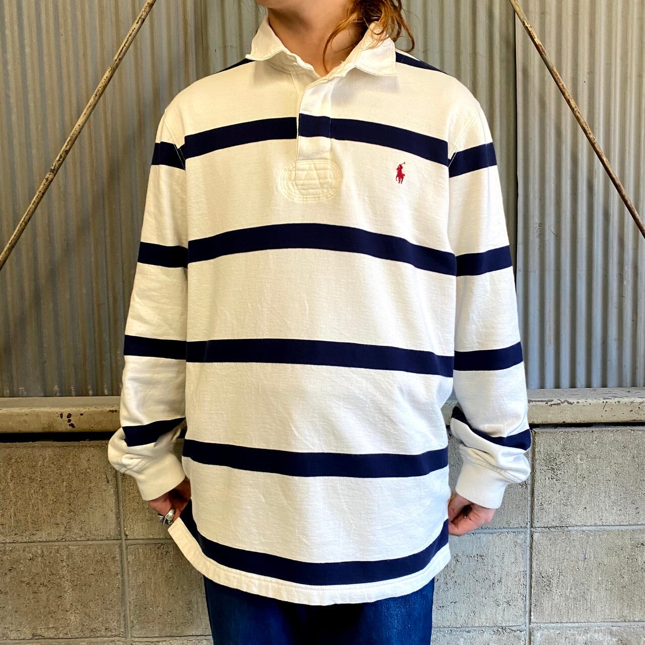 【美品】　ポロラルフローレン　ラガーシャツ　ボーダー　白　紺　XL ポロバイラルフローレン ボーダー 長袖 ラガーシャツ メンズXL 古着
