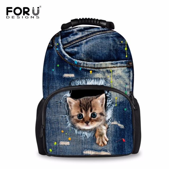 Forudesignsデニムかわいい3d猫犬大型スクールバッグ女性バックパックカジュアルブック通学旅行bagpack mochilaアブラソコムツリュックサック