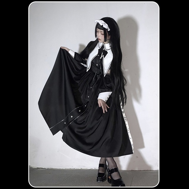 天使と悪魔 エプロン フェイク 襟カラー ヘアバンド 3点セット メイド服 コスプレ 病み可愛い ゴシック ロリィタ コンカフェ 舞台衣装 10代 代 天使と悪魔 サブカル系ファッション Seasonz