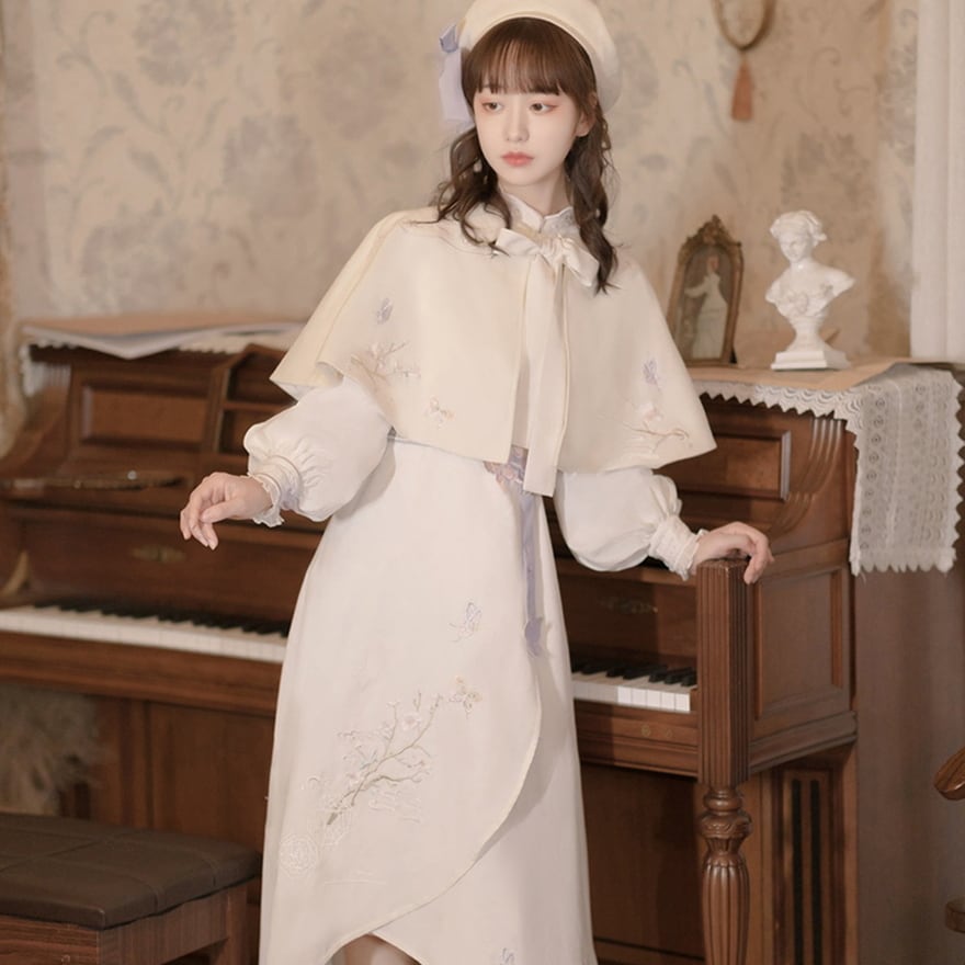 サブカル 服 地雷系 通販 セットアップ ショール ワンピ チャイナ服 中華服 刺繍 ラップスカート 甘め ホワイト ロリータ 華ロリチャイナ服