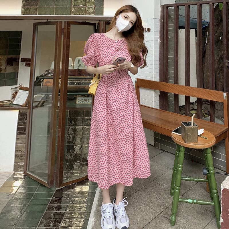 スリーブフローラルドレス サマーウェストロングスカート 夏物 花柄 スーパーモール64467291399