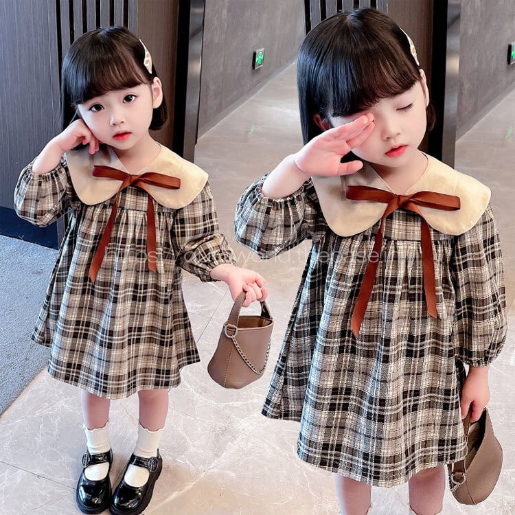 90㎝-130㎝】ワンピース フォーマル チェック柄 リボン ドレス 子供服  