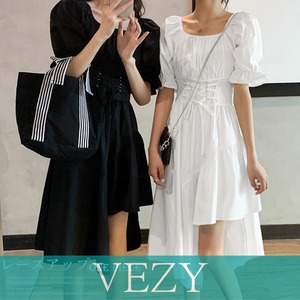 ウエストレースアップ ワンピース 韓国風 パフスリーブ アシンメトリーワンピース オフショルダーワンピ 体型カバー フレアワンピ スクエアネック ワンピース チュニック ベジー VEZY ItemNo.【17248184 】