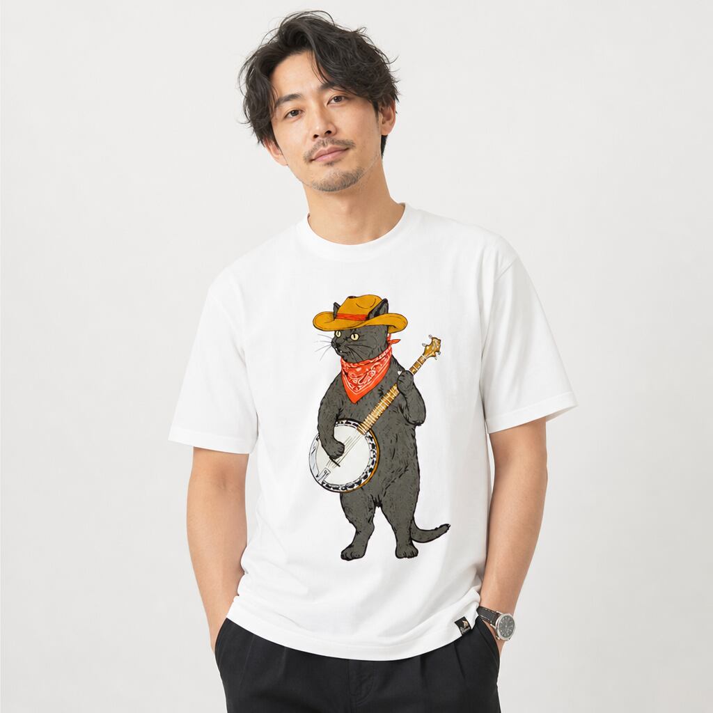 go slow caravan ゴースローキャラバン|綿100%バンジョー猫プリント半袖Tシャツ|USA/C バンジョー猫TEE ユニセックス 361910 ホワイト