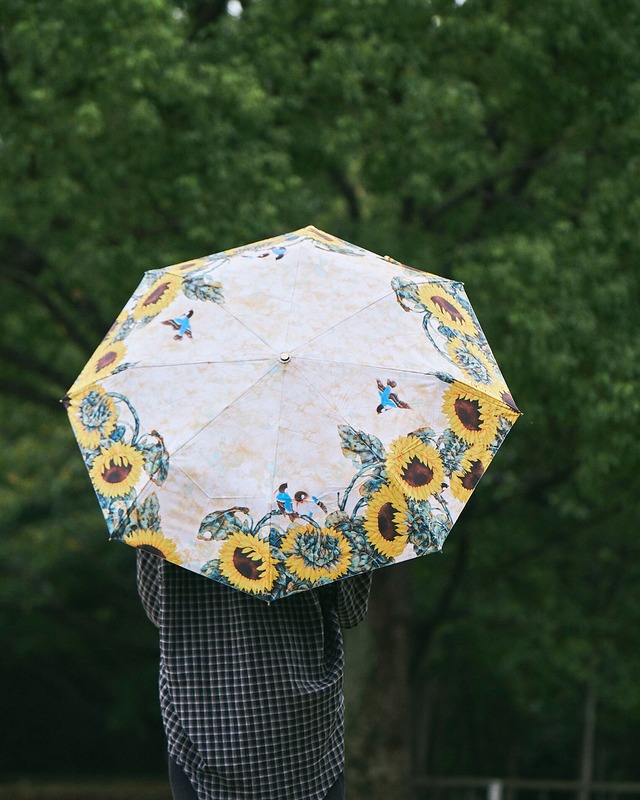 ひまわりと青い鳥、空に咲く　三つ折り傘　[sam010]