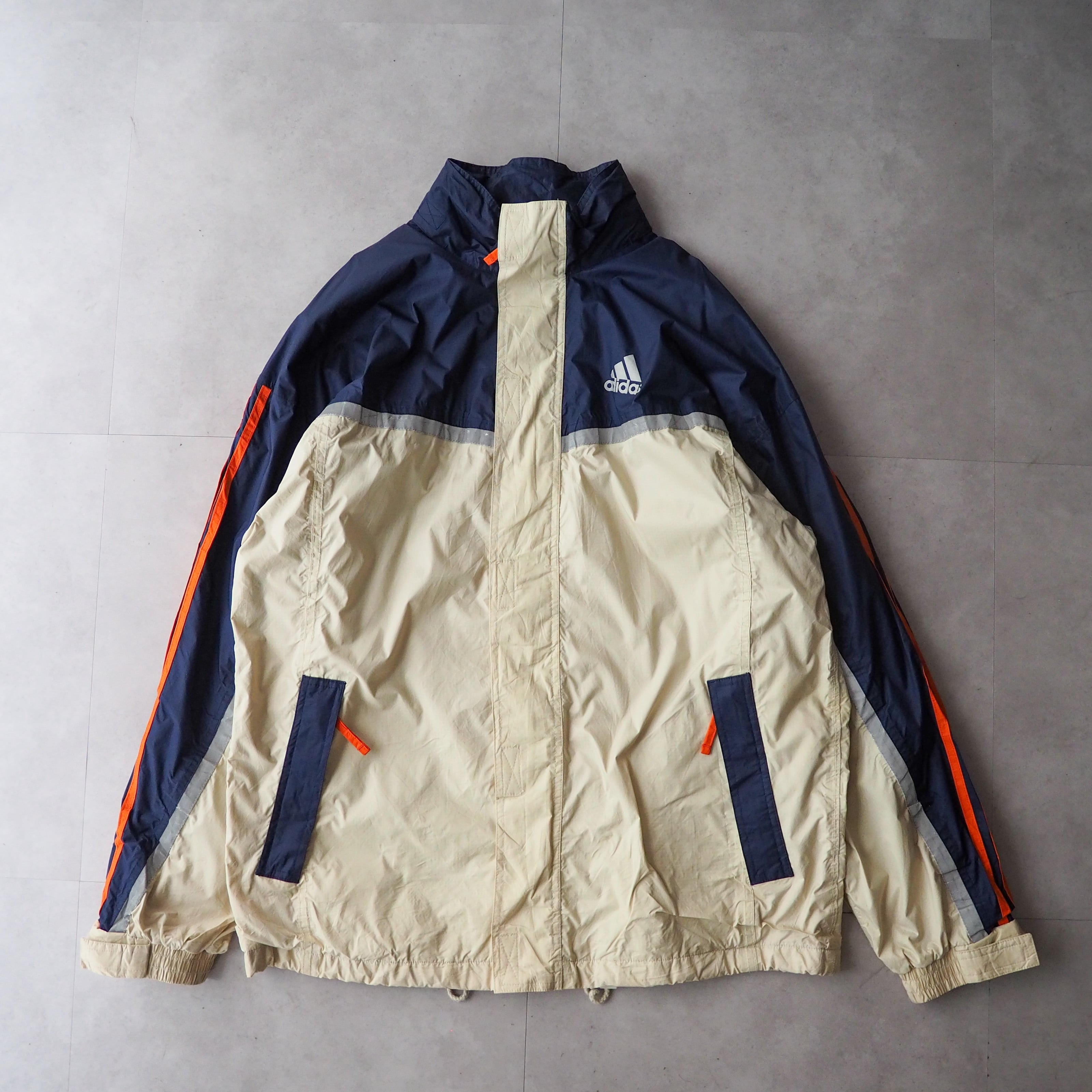 90s “ADIDAS” navy × ivory × orange multiple color nylon jacket 90年代 アディダス  ネイビー アイボリー 3ライン ナイロンジャケット