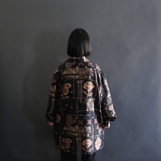 rose and leaf art pattern l/s open collar shirt