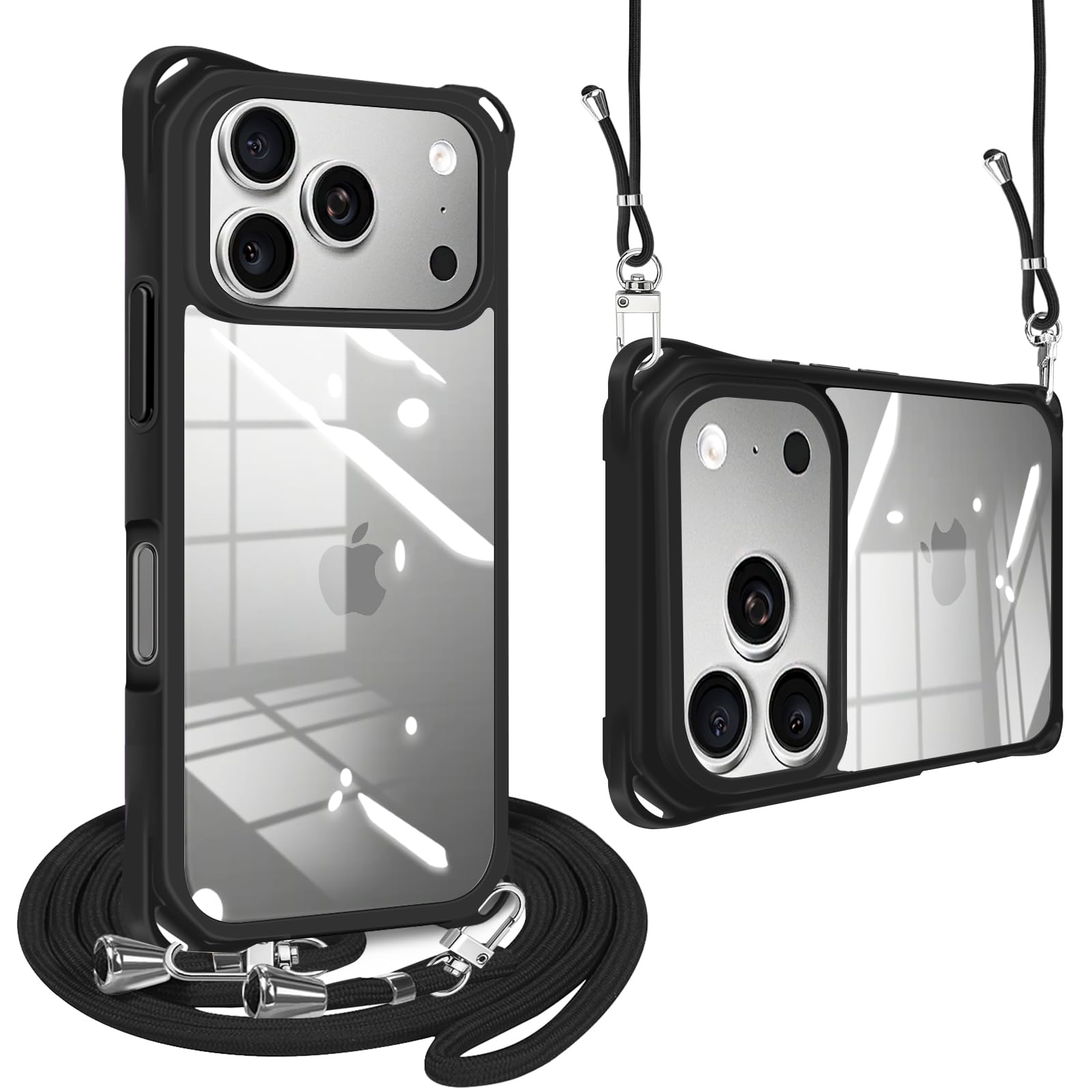 Loodoomo iPhone18 pro/17pro 用の ケース ショルダー クリア ストラップ付き スマホケース 肩掛け(ブラック)