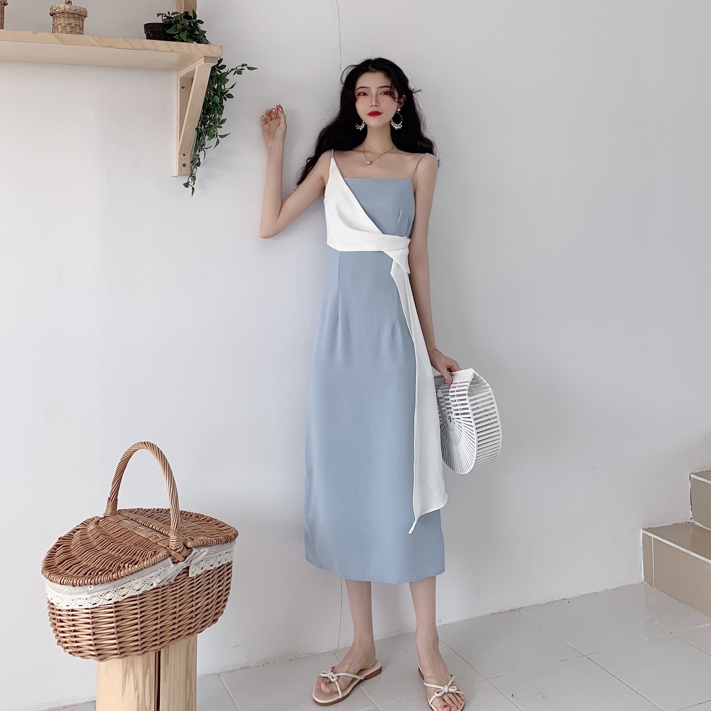 ワンピース エレガント カジュアル 女性らしい ノースリーブ 結婚式 パーティー デート 披露宴 ブルー S M L Ll Dresszone