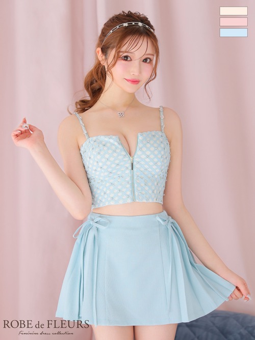 ROBE de FLEURS ローブドフルール fm3722  [チェックビジューサイドリボンセットアップミニキャバドレス] BLUE