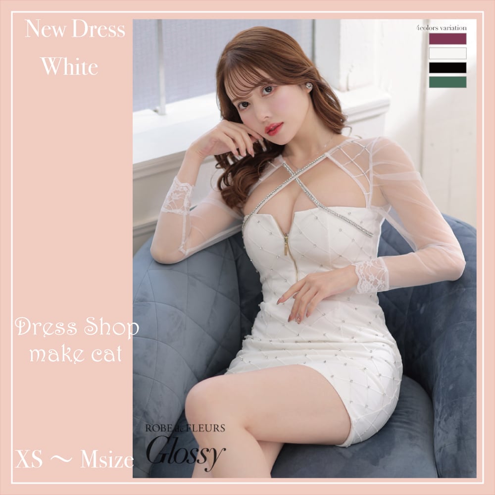 【ROBE de FLEURS Glossy】【即納】チュールスリーブ x ストレッチタイトミニドレス (GL2910) | Dress shop make cat Black ドレスショップメイクキャットブラック powered by BASE