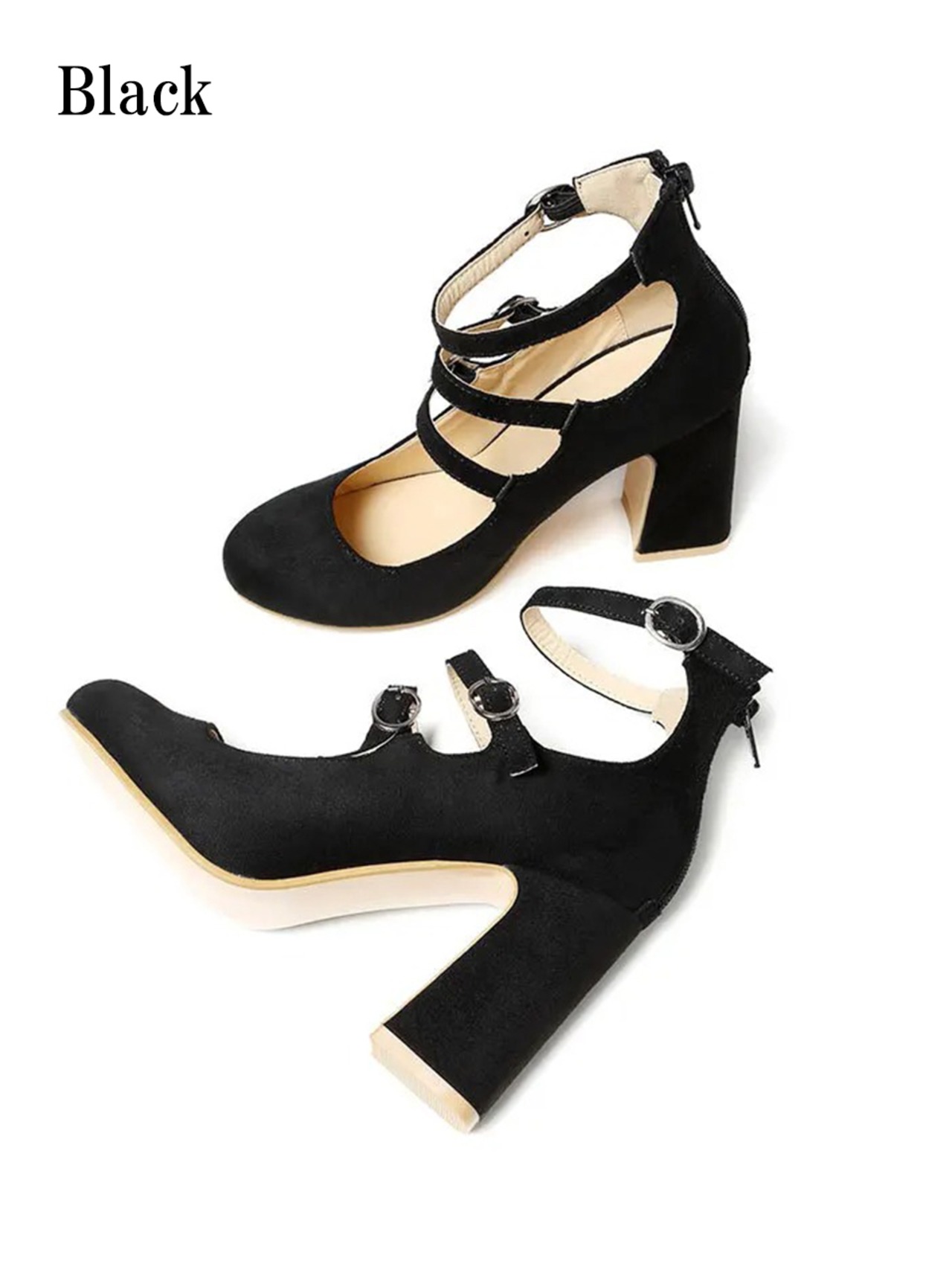【0297】Ankle Strap Chunky Heel Pumps Shoes