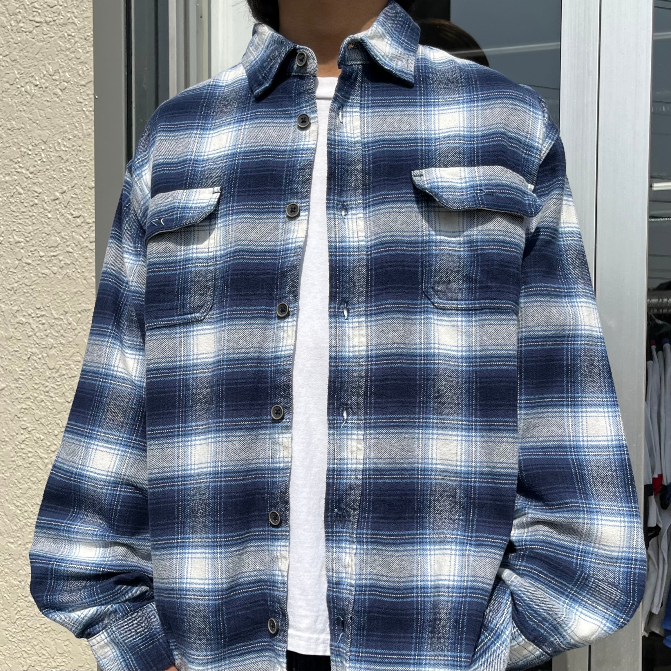 ■肉厚ヘビネル長袖ワークシャツ90sオンブレ柄でダークカラー総柄ヘビーネル