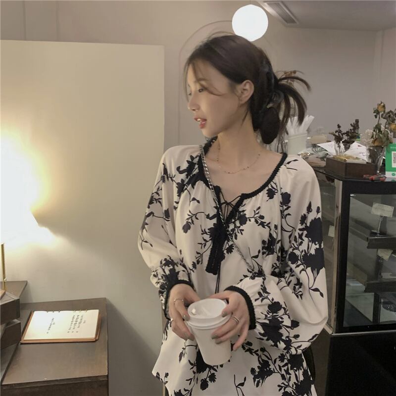 気質 ラウンドネック レトロ 花柄プリント トップス シャツ ブラウス