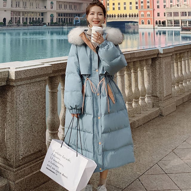 ダウンコート レディース アウター ロング丈 ロングコート フード フーディー もこもこ ファー付き くびれ ウエストマーク おしゃれ シンプル かっこいい 防寒 秋冬 ブルー バイカラー XS/S/M/L/XL/2XL