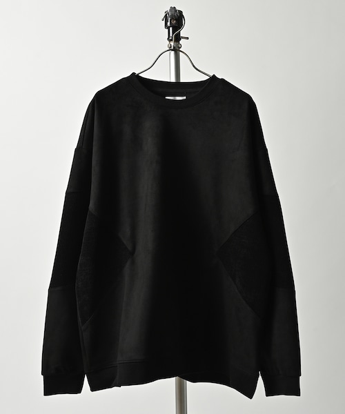 ATELANE Faux suede x corduroy switching crew neck (BLK) 25A-24013