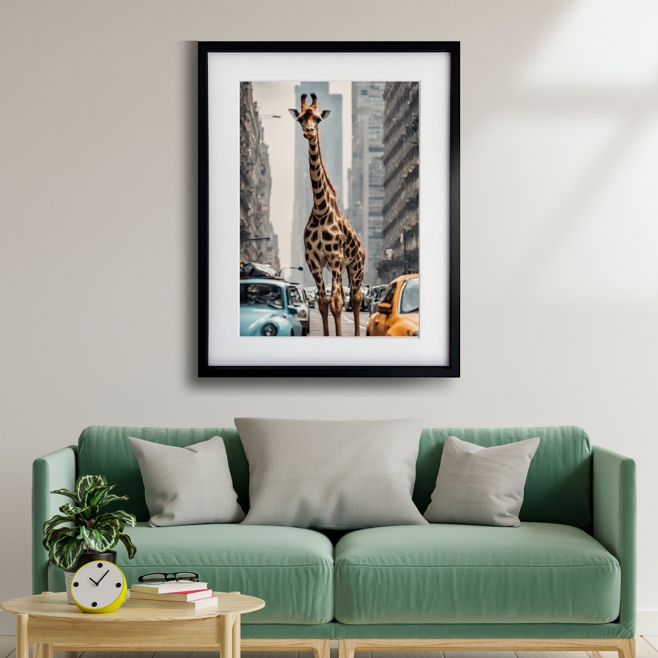 Giraffe Trip｜都会を歩くキリンのコラージュアートポスター｜個性派インテリアに映える非現実デザイン｜ A4ポスター