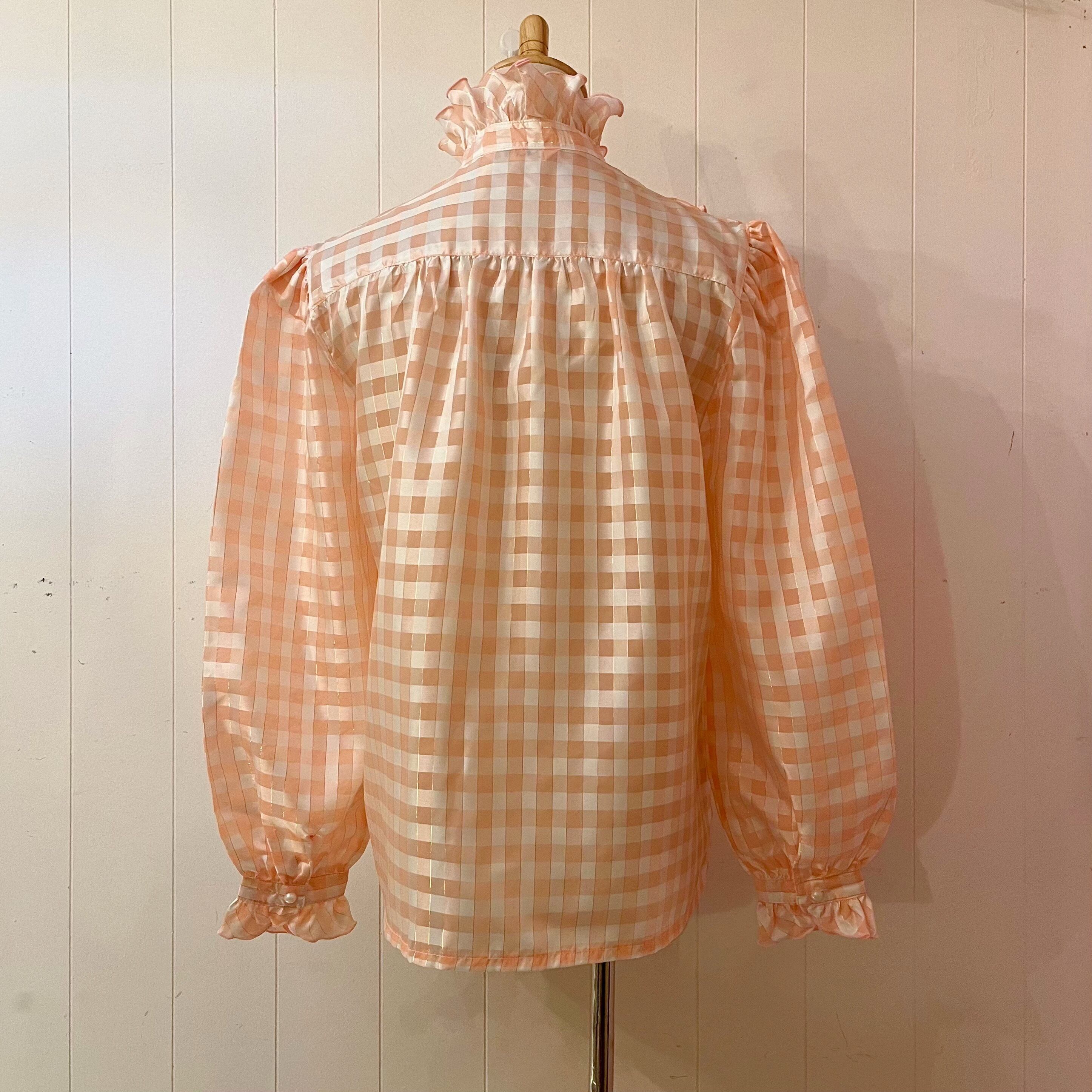 pink check frill stand collar blouse