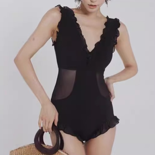 フリルデザイン　メッシュ切替Vネックノースリーブ水着　S0279