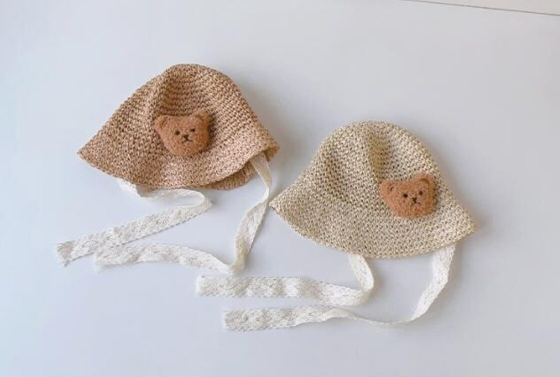ベビー くま 麦わら帽子 赤ちゃん コットン 綿100% ベージュ ブラウン 