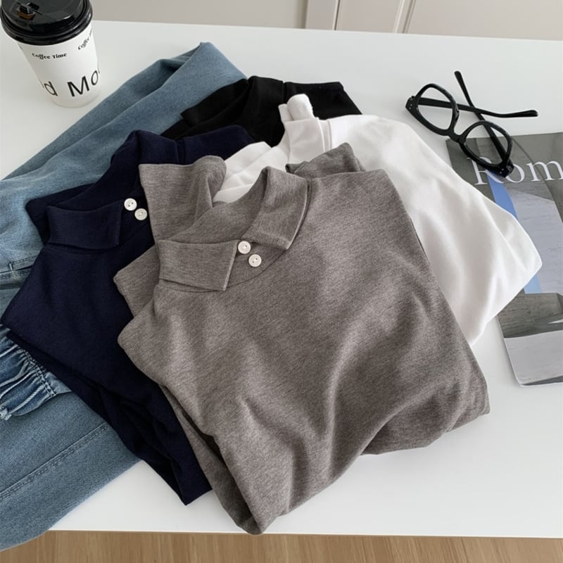 Double button high neck tops 4 colors V2787