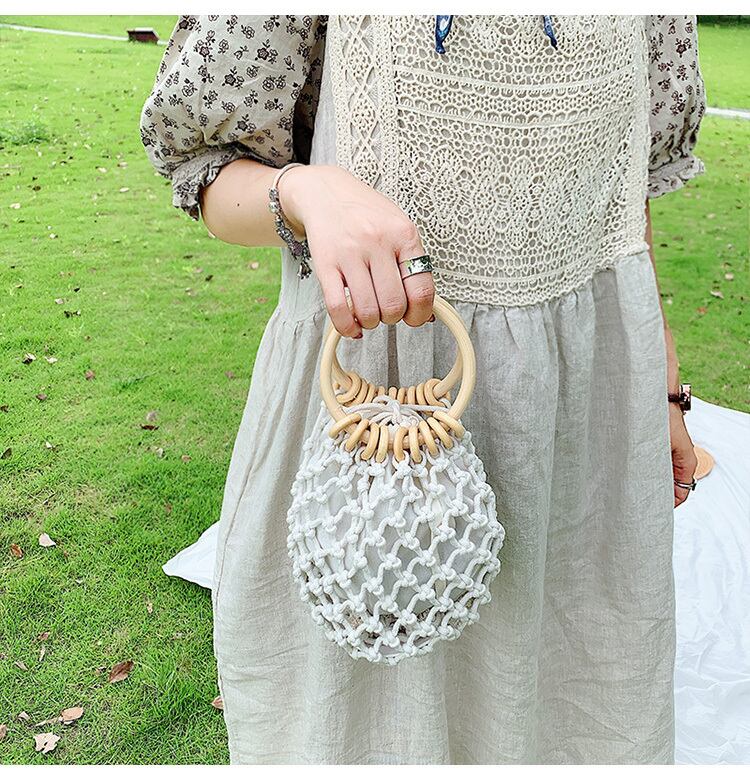 ウッドハンドル ネット編み かごバッグ バケツ型 2色 レディースバッグ