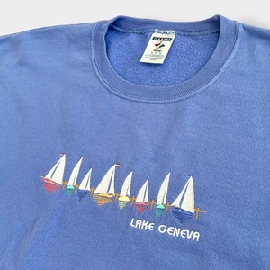 【JERZEES】スウェット 刺繍 LAKE GENEVA ジュネーヴ湖 レマン湖 ヨットトレーナー プルオーバー パステルカラー ライトパープル X-LARGE US古着