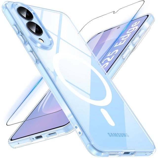 Hensinple Galaxy S25 Edge ケース 【MagSafe対応・ガラスフィルム付き】 ギャラクシーs25edgeケース 透明 耐衝撃 黄ばみなし ぎやらくしーs25 edge カバー 滑り止め 指紋防止 マグネット搭載 マグセーフ対応 ストラップホール付き Samsung Galaxy S25 Edge スマホケース 6.7インチ用 クリア(透明)