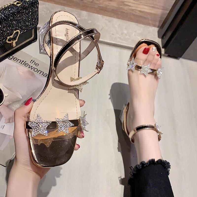 女性のファッションサンダル2020新しいバージョン夏の野生の小さな新鮮なラインストーンオープントゥ妖精ヒールフラットシューズ 部族の婦人靴6019081