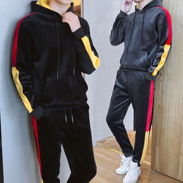 【予約販売】メンズ セットアップ 上下 フード付き ベロア調 もこもこ ブラック グレー 長袖 防寒 ジム スポーツウエア カジュアル 秋冬 大きいサイズ S/M/L/XL/2XL/3XL