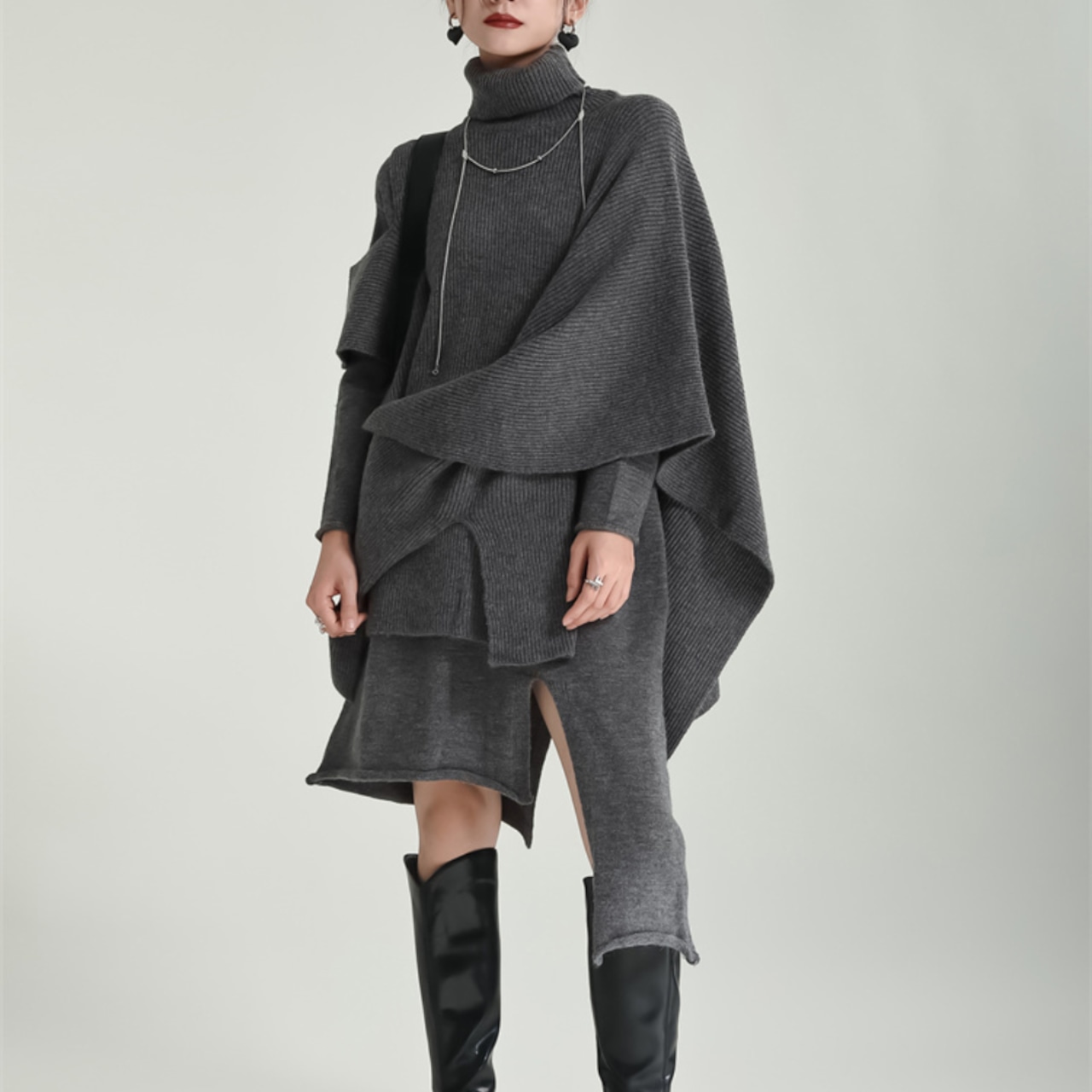 Cape design knit dress two-piece set(ME059)