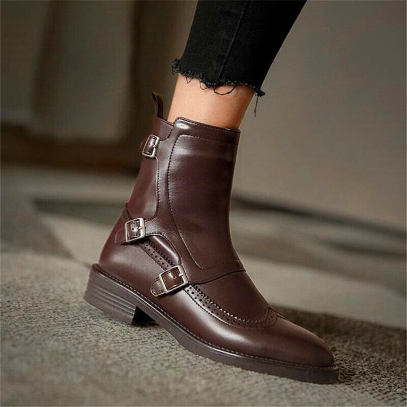 【新作】【送料無料】 焦げた金属の装飾的な丸いつま先の女性のハイヒール黒茶色の厚いかかと秋と冬の女性のブーツ ブラック 靴 シューズ オータム 秋物 ウィンター 冬物 ラウンドトー 10b313692268266