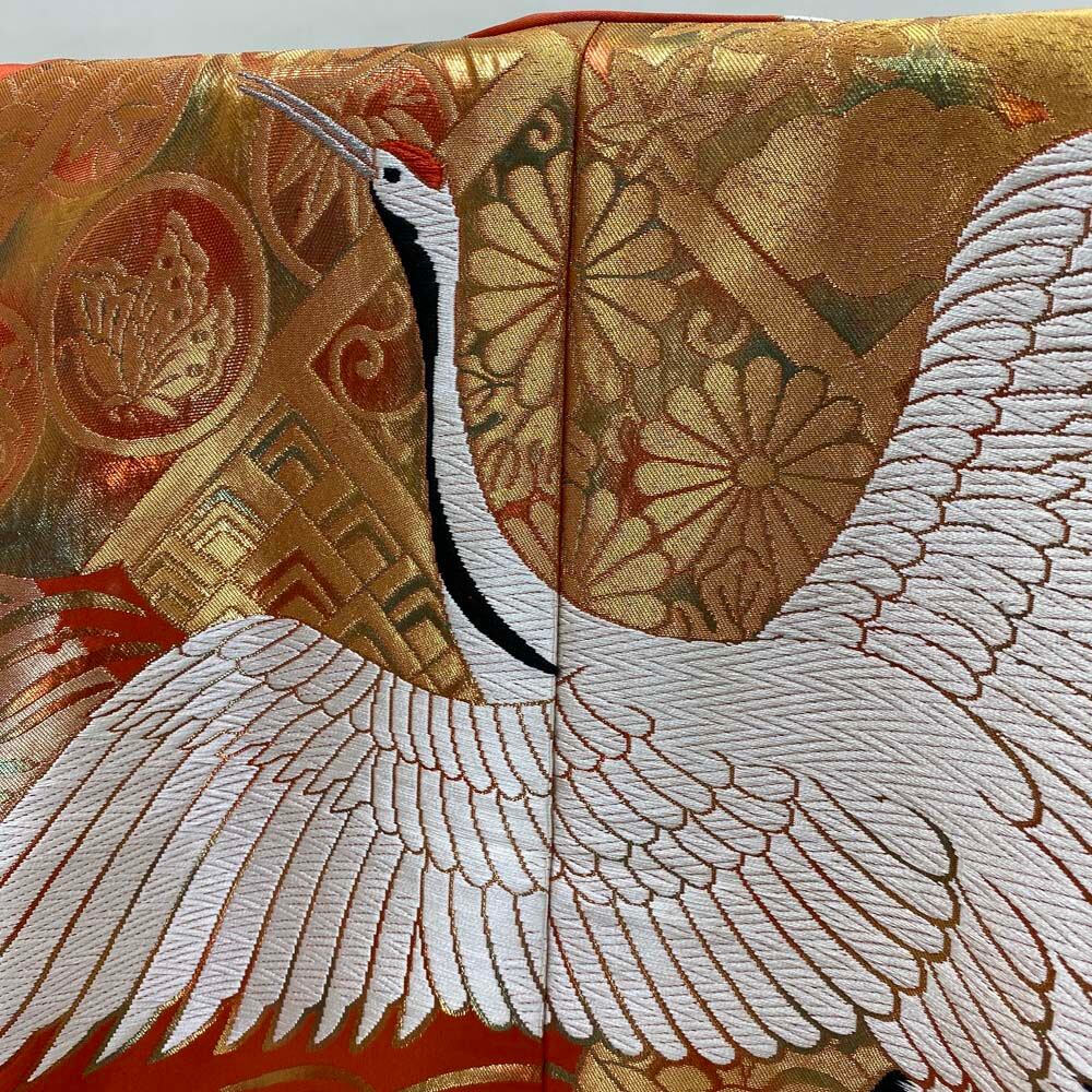 色打掛 正絹 鶴 刺繍 金 オレンジ 打掛 花嫁衣裳 婚礼 リサイクル 中古  