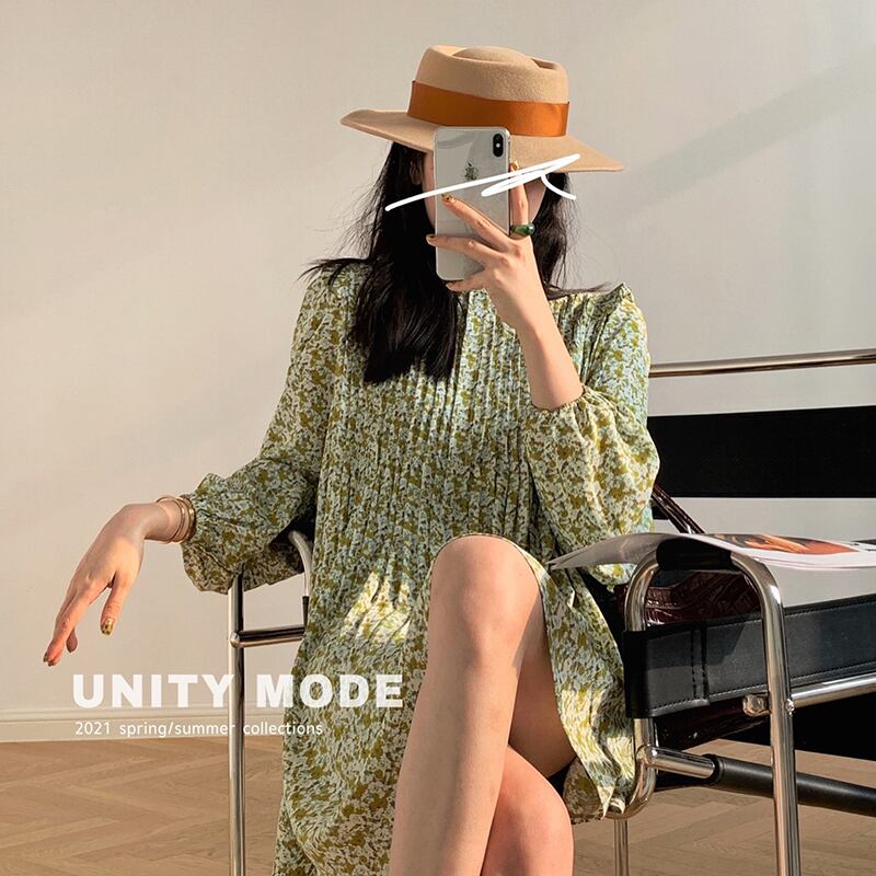 プリーツドレス スプリングオータムスタイルショートルーズグリーンフローラルスカート ランタンスリーブ 春物 秋物 花柄 ビッグFスモールZ韓国5849107762