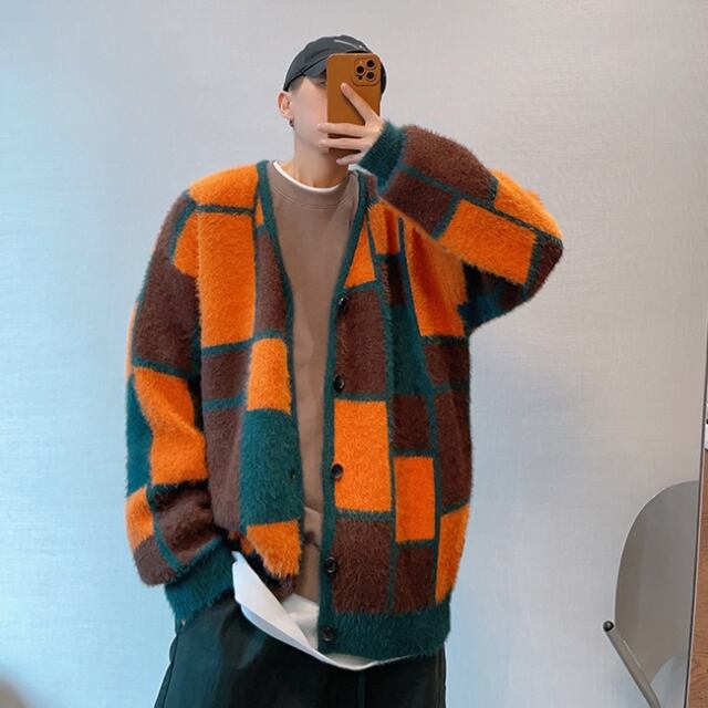 【予約販売】カーディガン ニット セーター ブロック柄 総柄 メンズ オレンジ グリーン オーバーサイズ こなれ感 ストリート お洒落 韓国 トレンド 秋冬 M/L/XL/2XL